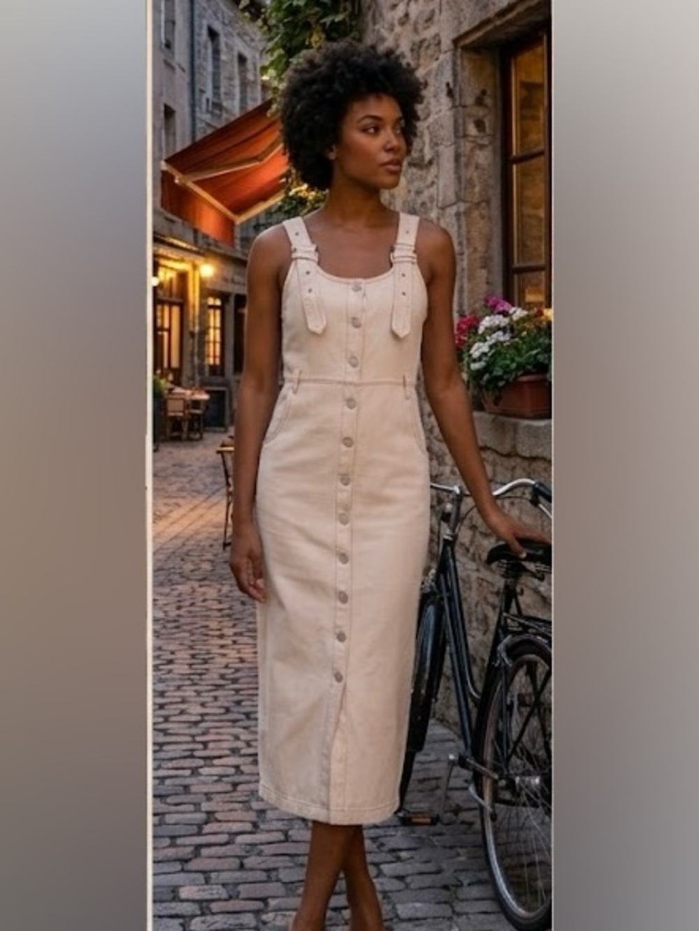 Blogger favorite Cream Denim Button-Front Midi Dress 100% Cotton, Buckle Strap